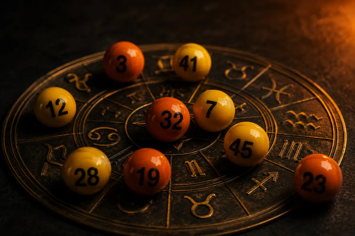 A brass zodiac wheel with orange and yellow numbered lottery balls scattered across it, lit from one side